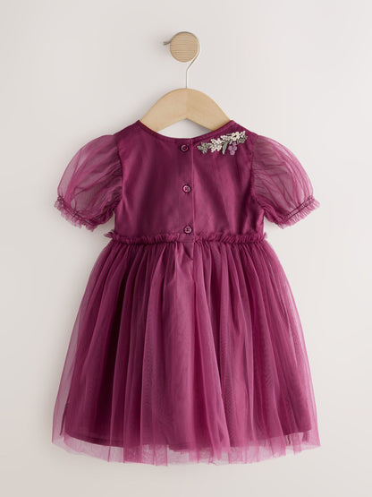 Berry Red Embroidered Mesh Party Dress (3mths-6yrs) image 7