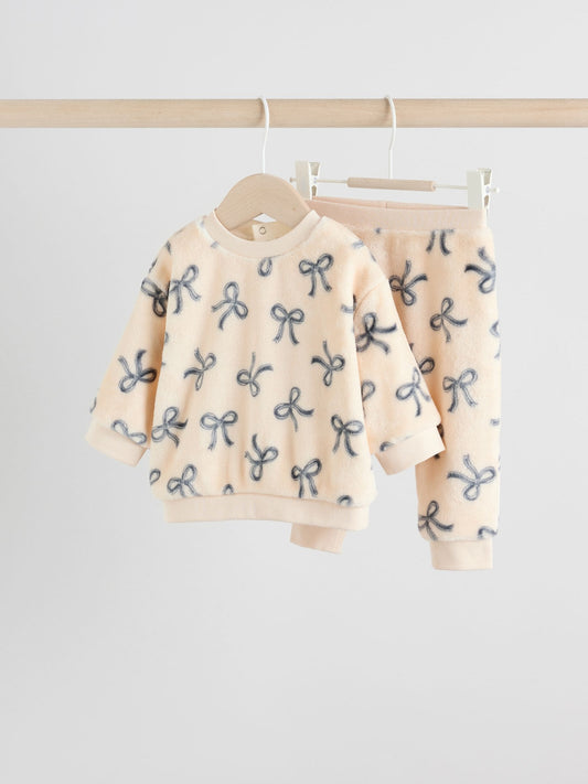 Cream/Grey Soft Velour Bow Print Jumper and Trousers Set (0mths-2yrs) image 1