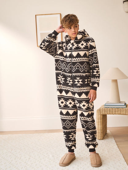 Black/Ecru Aztec Fleece All-In-One (3-16yrs)