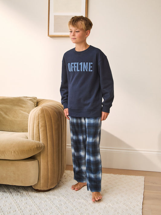 Navy Check Single Cosy Fleece Pyjamas (3-16yrs) image 1