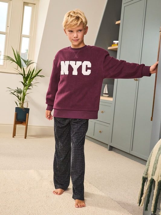 Burgundy Red NYC Single Cosy Fleece Pyjamas (3-16yrs) image 1