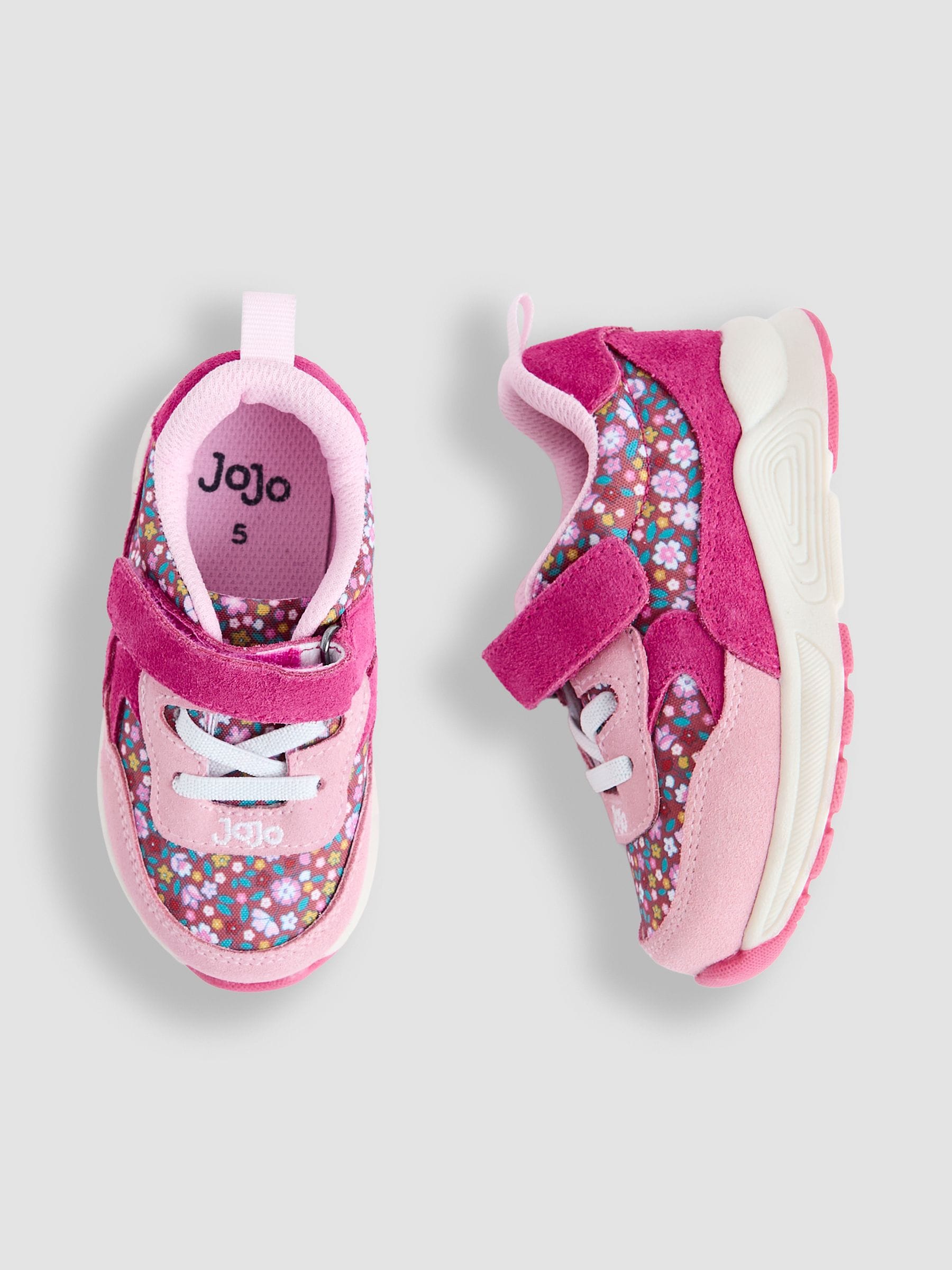 JoJo Maman Bébé Pink Ditsy Riptape Lace-Up Trainers image 3