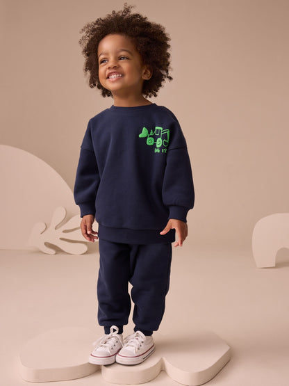 Navy Blue Digger Single Printed Crew Neck Sweat Top & Joggers Set (3mths-7yrs) image 1
