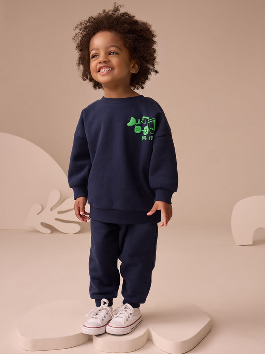 Navy Blue Digger Single Printed Crew Neck Sweat Top & Joggers Set (3mths-7yrs) image 1