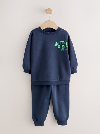 Navy Blue Digger Single Printed Crew Neck Sweat Top & Joggers Set (3mths-7yrs) image 6