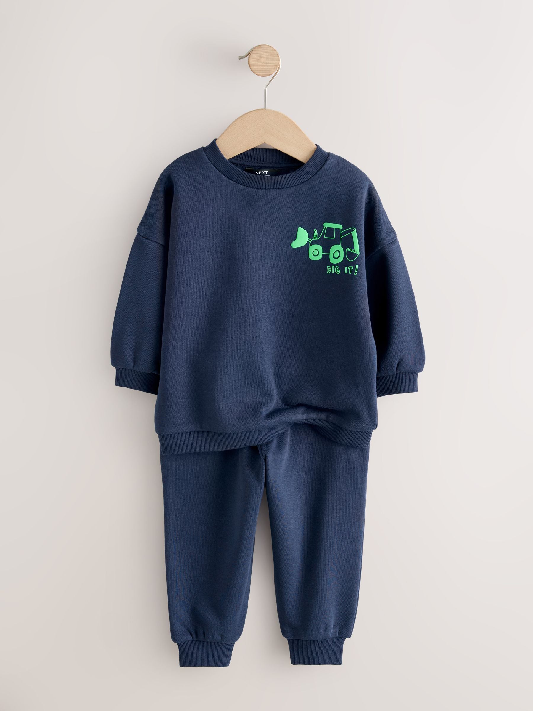 Navy Blue Digger Single Printed Crew Neck Sweat Top & Joggers Set (3mths-7yrs) image 7