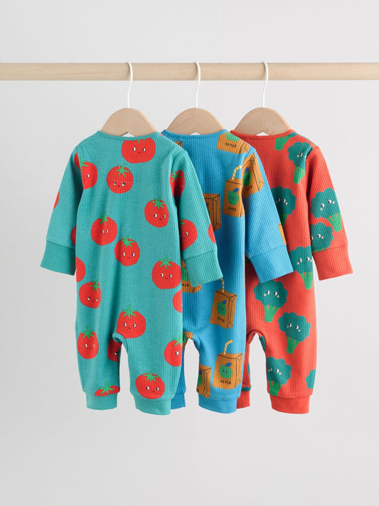 Teal Blue 3 Pack Two Way Zip Baby Sleepsuits (0mths-3yrs)