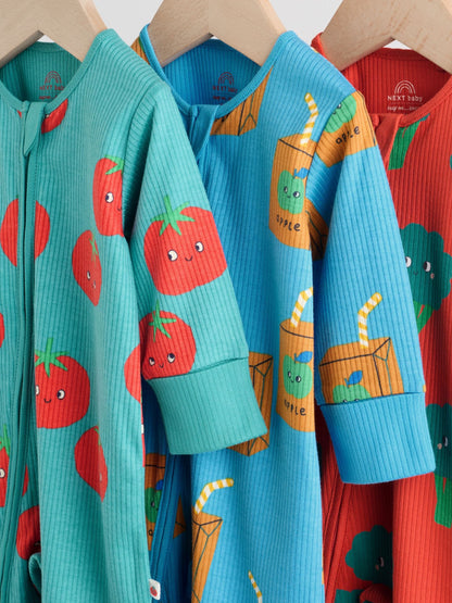 Teal Blue 3 Pack Two Way Zip Baby Sleepsuits (0mths-3yrs)