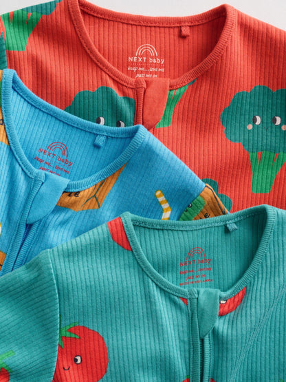 Teal Blue 3 Pack Two Way Zip Baby Sleepsuits (0mths-3yrs)