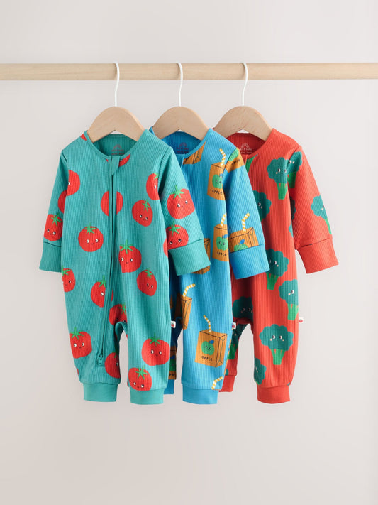 Teal Blue 3 Pack Two Way Zip Baby Sleepsuits (0mths-3yrs)