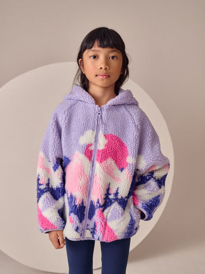 Purple/Pink Mountain Scene Hooded Zip Borg Fleece Jacket (3-16yrs)
