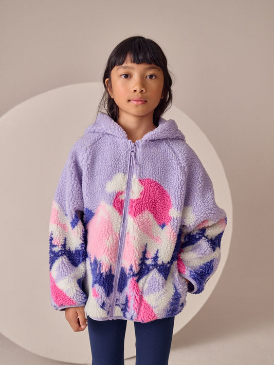 Purple/Pink Mountain Scene Hooded Zip Borg Fleece Jacket (3-16yrs)