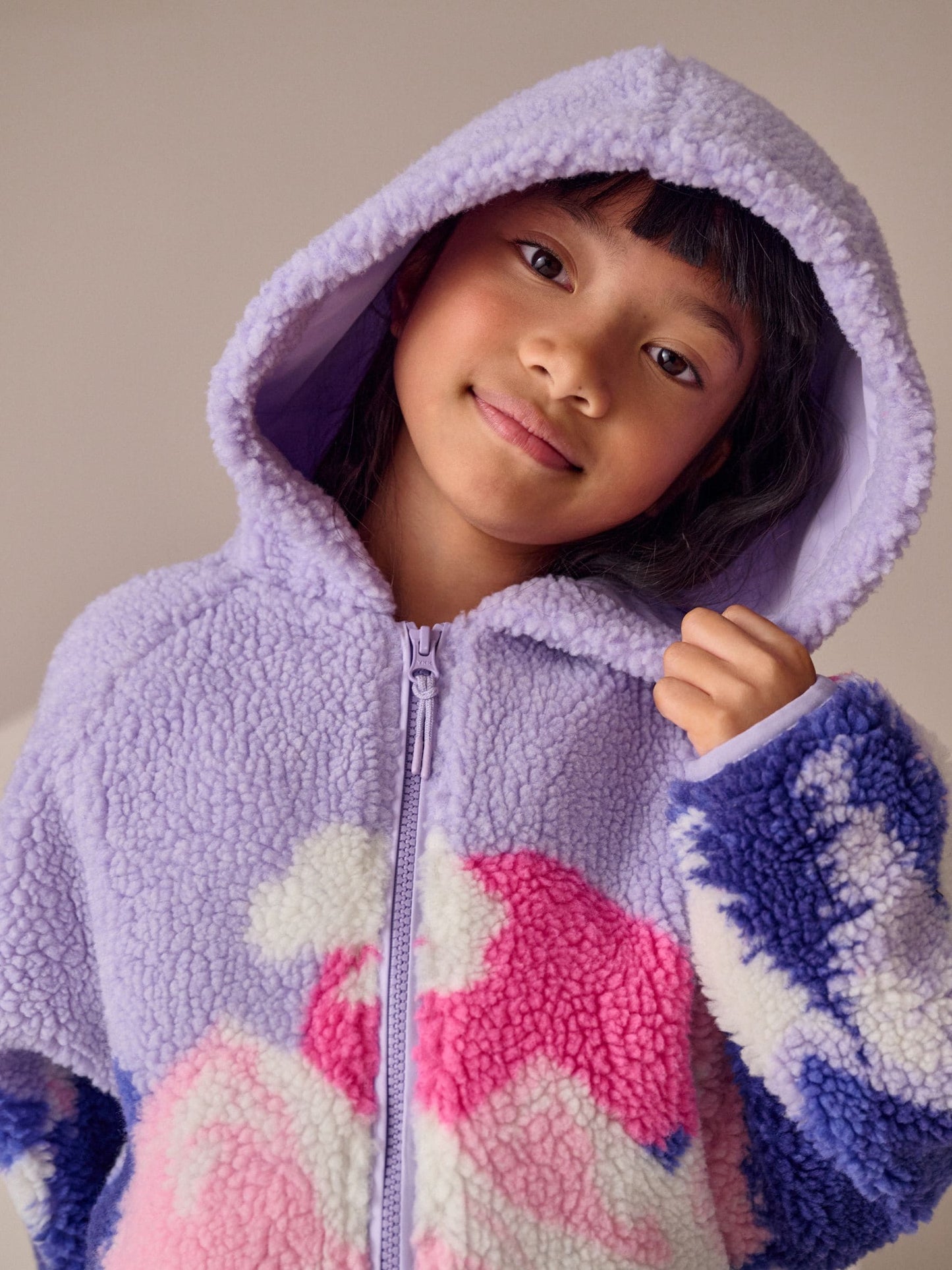 Purple/Pink Mountain Scene Hooded Zip Borg Fleece Jacket (3-16yrs)