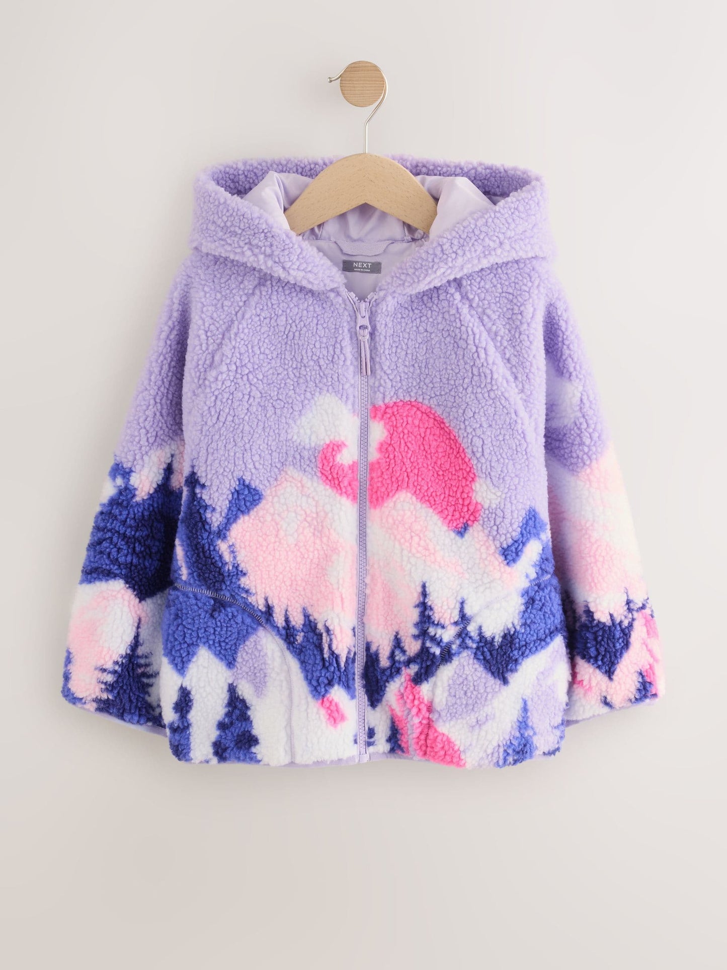 Purple/Pink Mountain Scene Hooded Zip Borg Fleece Jacket (3-16yrs)