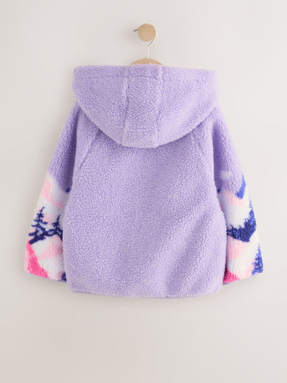 Purple/Pink Mountain Scene Hooded Zip Borg Fleece Jacket (3-16yrs)