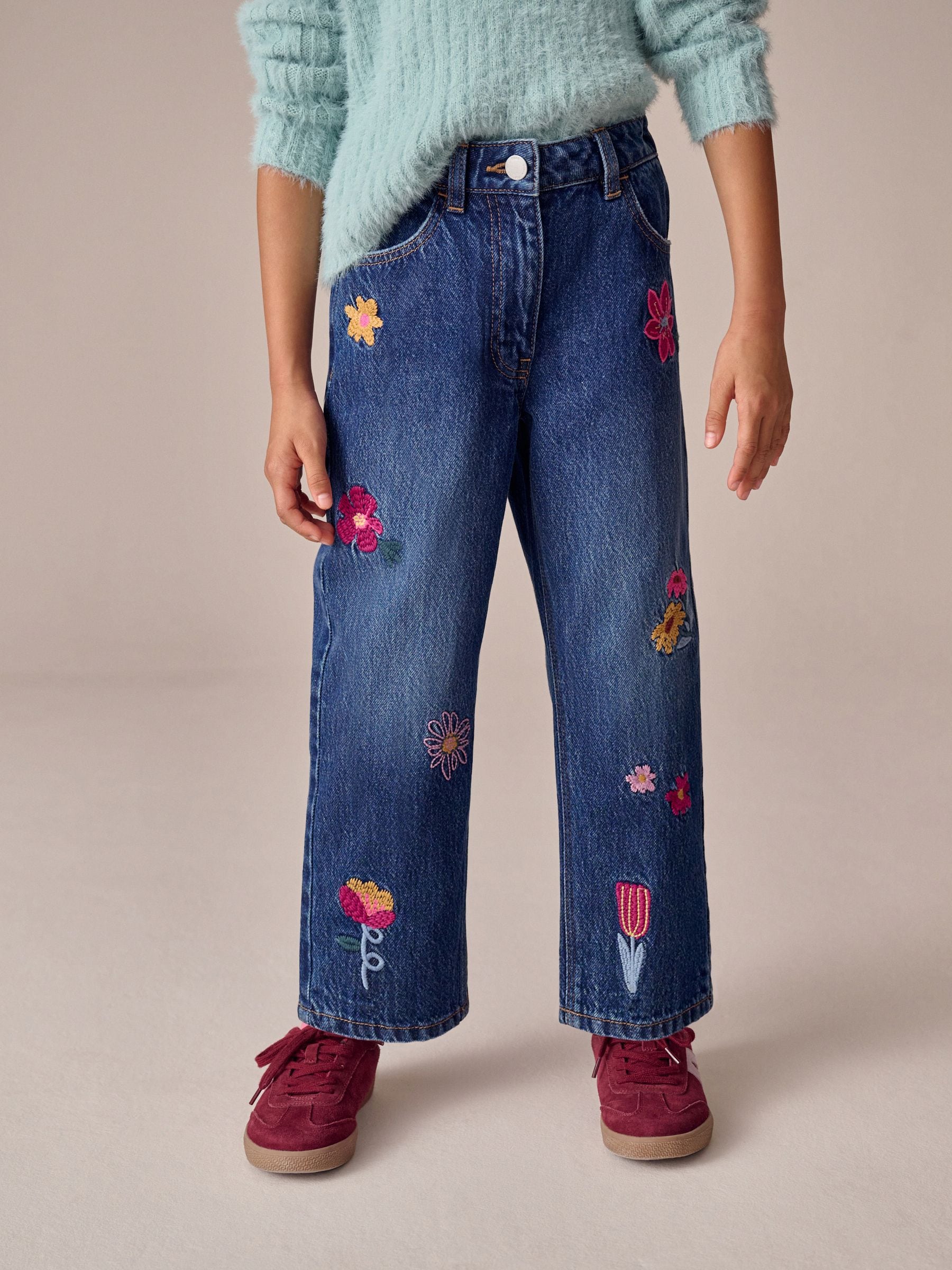 Dsiney Kidz - Mid Blue Regular Fit Floral Embroidered Straight Leg Jeans (3-16yrs) image 1