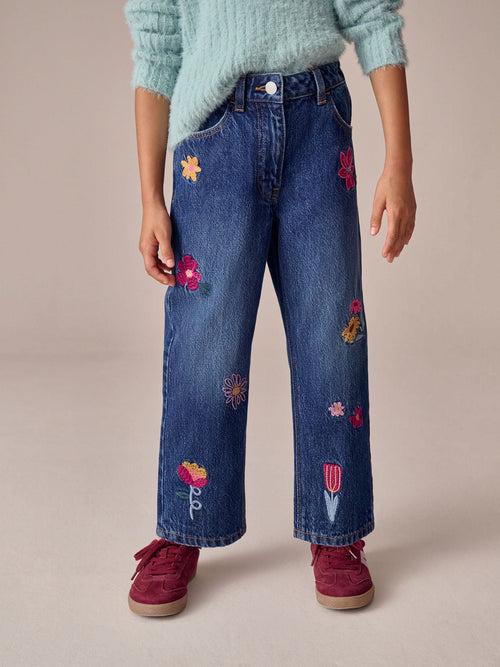 Dsiney Kidz - Mid Blue Regular Fit Floral Embroidered Straight Leg Jeans (3-16yrs) image 1