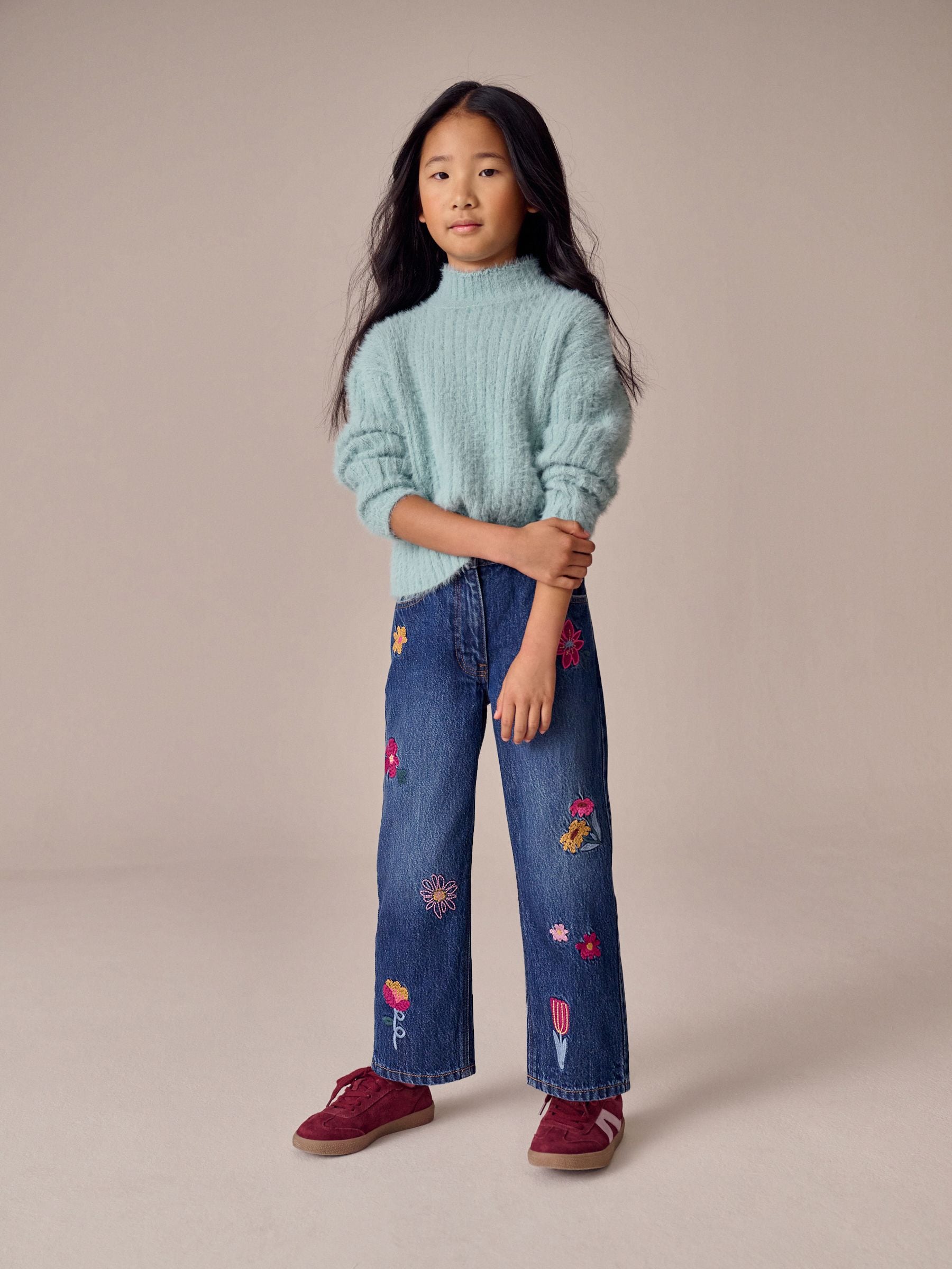 Dsiney Kidz - Mid Blue Regular Fit Floral Embroidered Straight Leg Jeans (3-16yrs) image 2