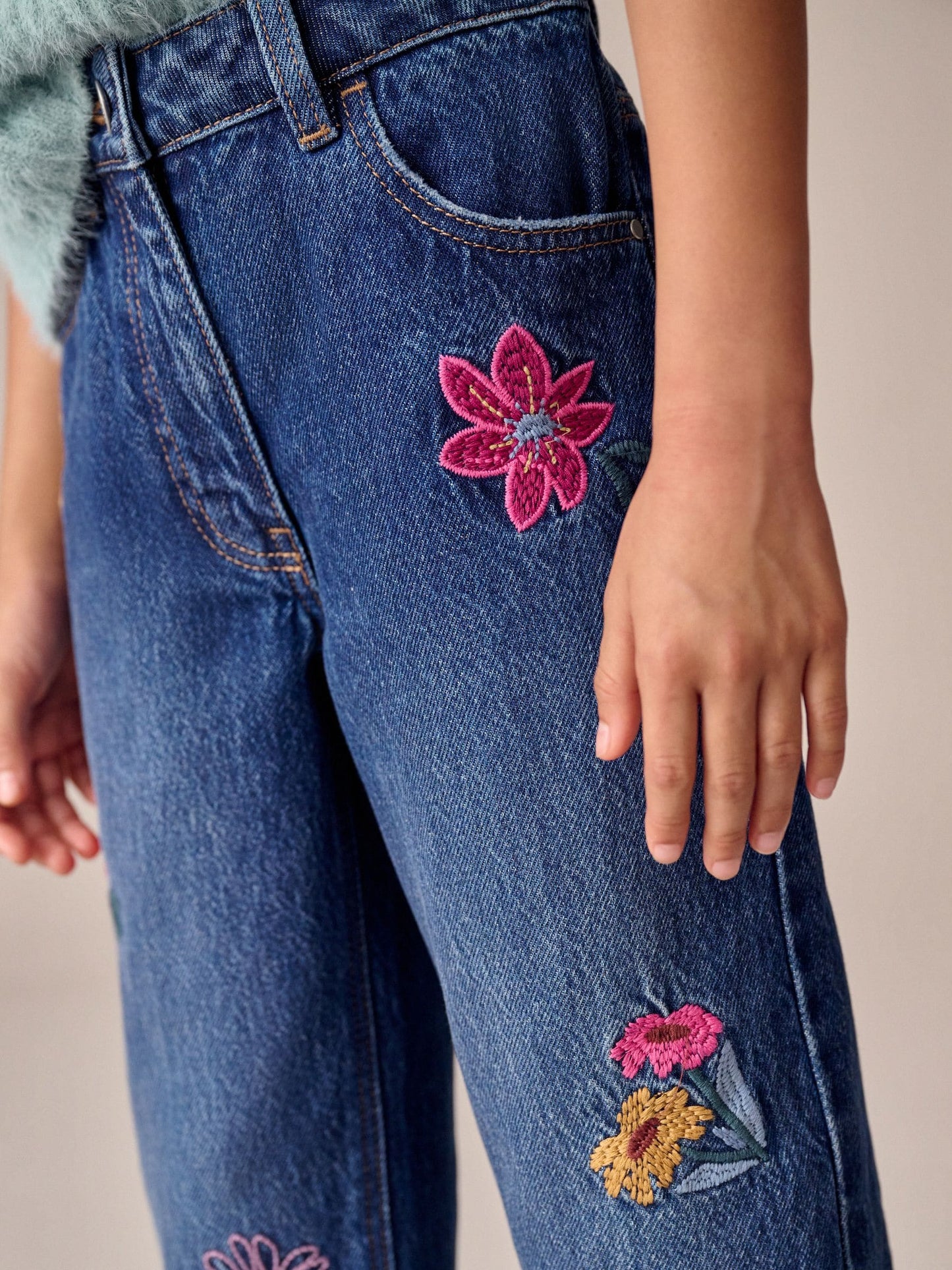 Dsiney Kidz - Mid Blue Regular Fit Floral Embroidered Straight Leg Jeans (3-16yrs) image 4