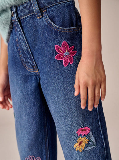 Dsiney Kidz - Mid Blue Regular Fit Floral Embroidered Straight Leg Jeans (3-16yrs) image 4