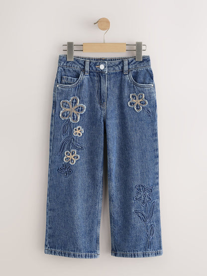 Dsiney Kidz - Mid Blue Wide Fit Wide Floral Print Embellished Jeans (3-16yrs) image 2