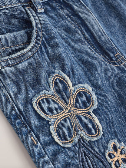 Dsiney Kidz - Mid Blue Wide Fit Wide Floral Print Embellished Jeans (3-16yrs) image 4