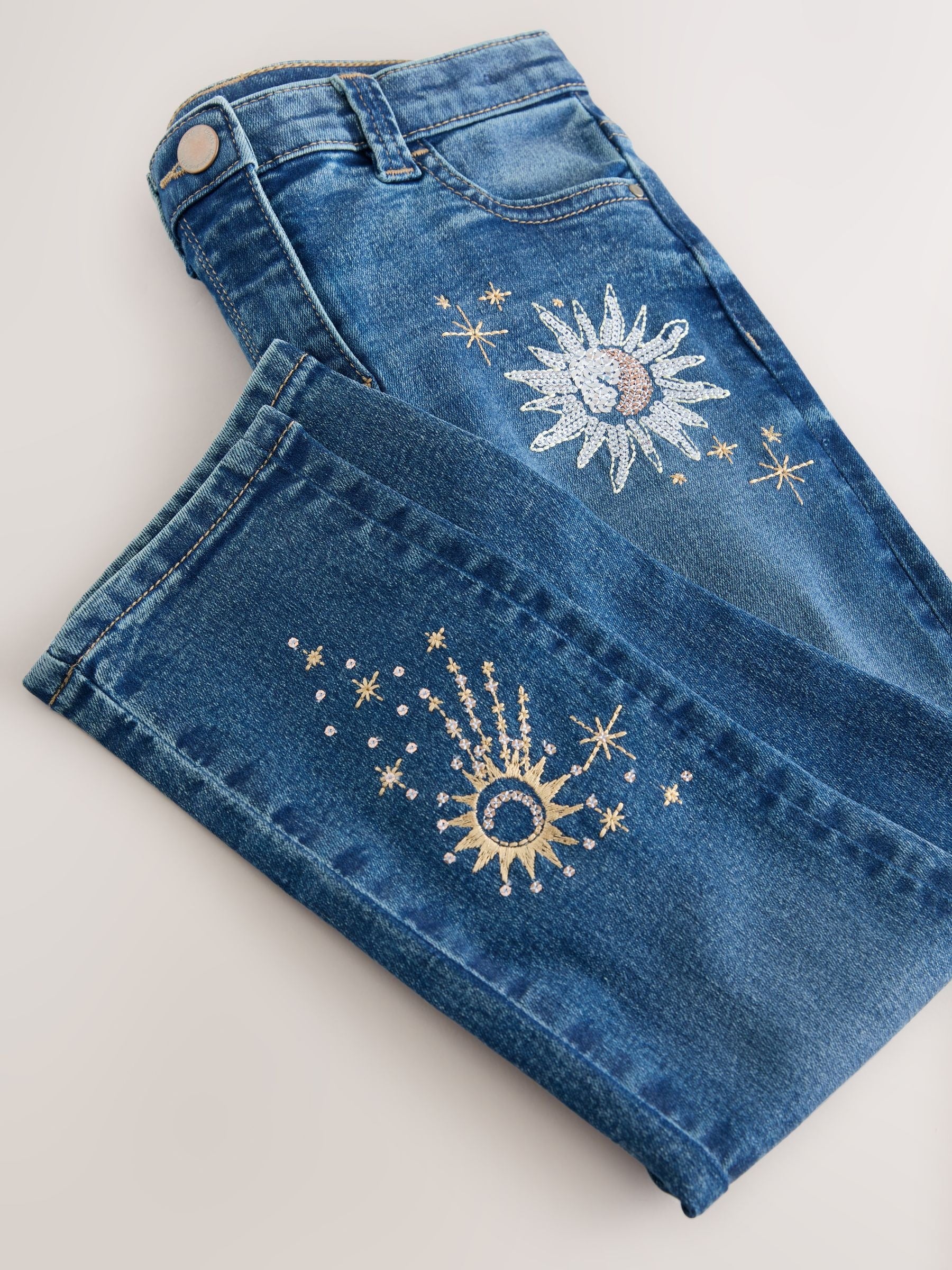 Dsiney Kidz - Mid Blue Skinny Fit Floral Embroidered Straight Leg Jeans (3-16yrs) image 4