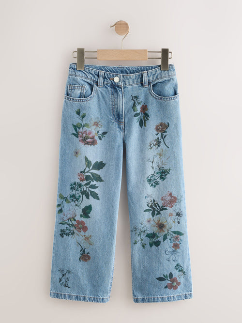 Dsiney Kidz - Mid Blue Denim Floral Print Wide Leg Jeans (3-16yrs) image 1