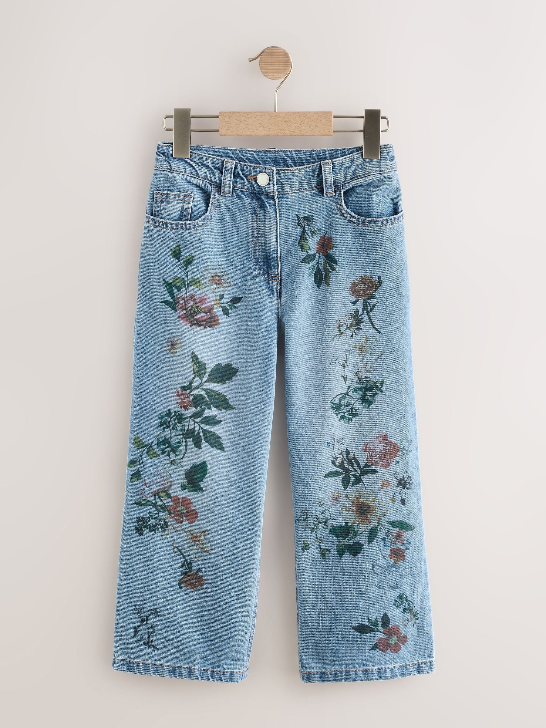 Dsiney Kidz - Mid Blue Denim Floral Print Wide Leg Jeans (3-16yrs) image 1