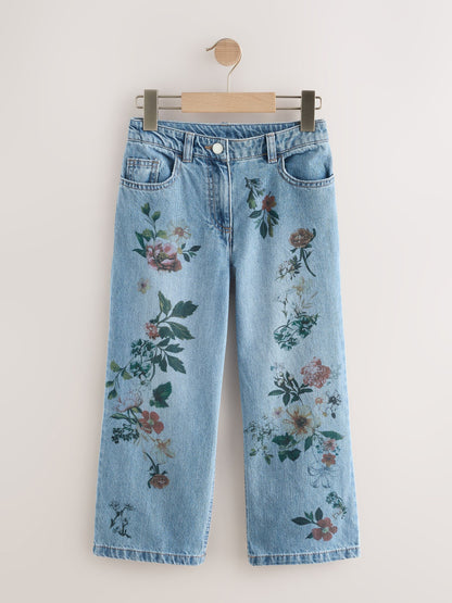 Dsiney Kidz - Mid Blue Denim Floral Print Wide Leg Jeans (3-16yrs) image 1