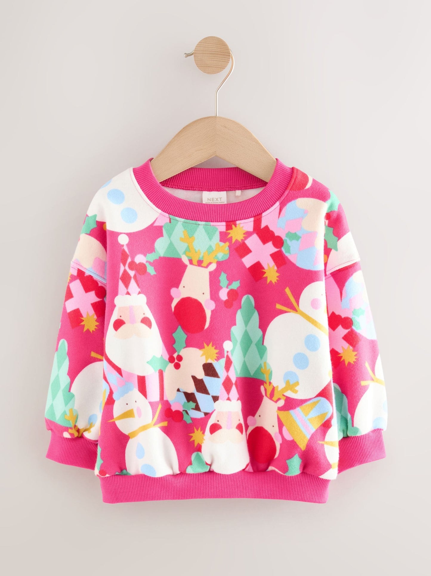 Bright Pink Christmas Print Crew Neck Sweatshirt (3mths-7yrs)