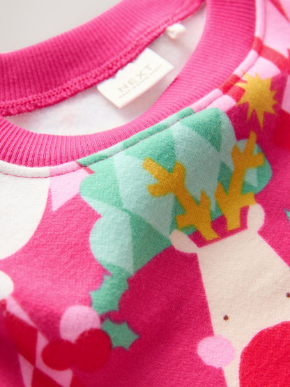 Bright Pink Christmas Print Crew Neck Sweatshirt (3mths-7yrs)