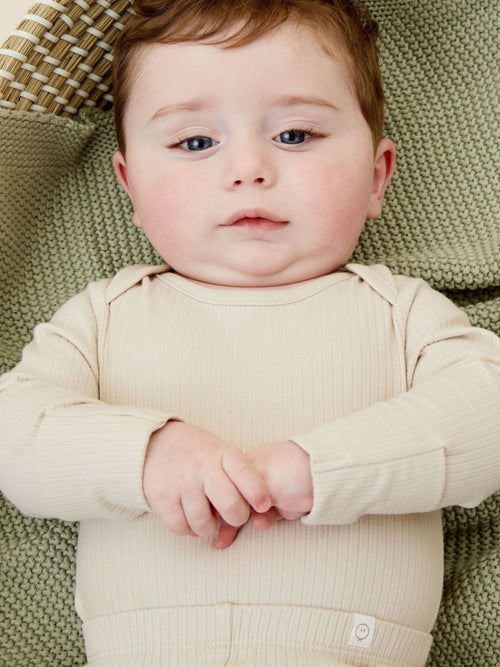 Dsiney Kidz - MORI Natural Ribbed Stretch Long Sleeve Envelope Neckline Bodysuit image 1