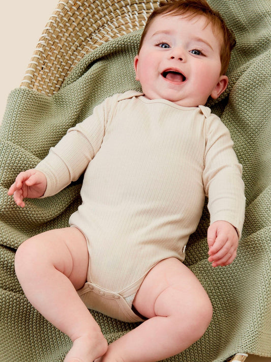 Dsiney Kidz - MORI Natural Ribbed Stretch Long Sleeve Envelope Neckline Bodysuit image 2