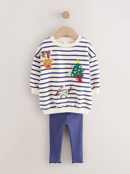 Cream/Navy Stripe Christmas Sweatshirt & Leggings Set (3mths-7yrs)