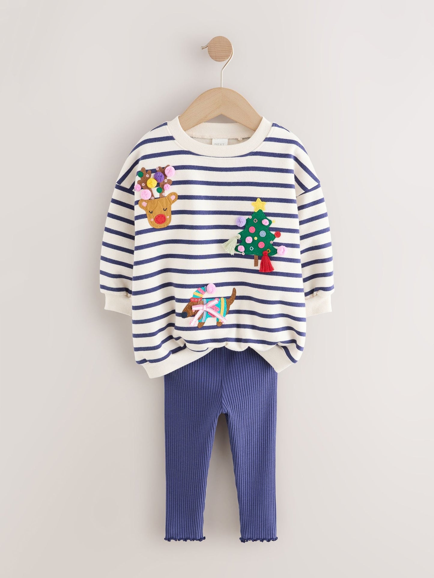 Cream/Navy Stripe Christmas Sweatshirt & Leggings Set (3mths-7yrs)