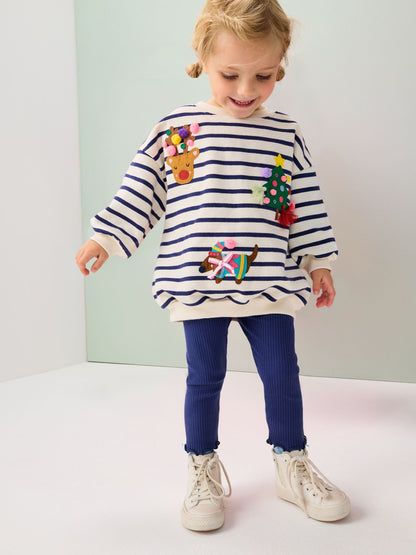 Cream/Navy Stripe Christmas Sweatshirt & Leggings Set (3mths-7yrs)