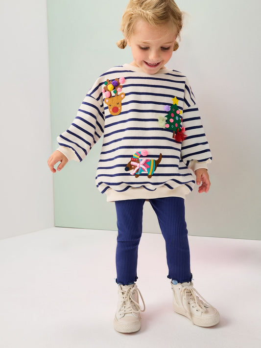Cream/Navy Stripe Christmas Sweatshirt & Leggings Set (3mths-7yrs)