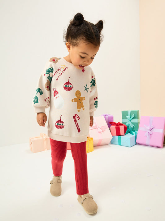 Beige/Red Christmas Print Sweatshirt & Leggings Set (3mths-7yrs)
