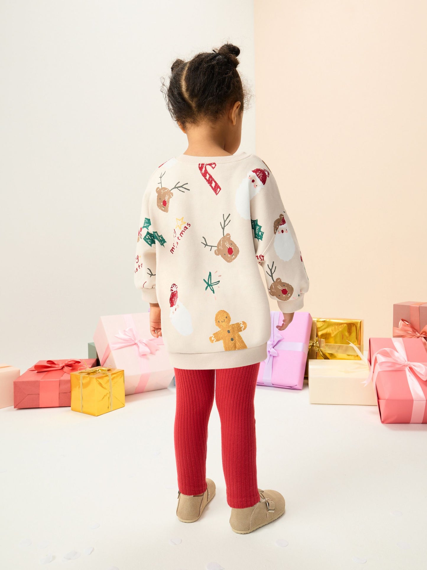 Beige/Red Christmas Print Sweatshirt & Leggings Set (3mths-7yrs)