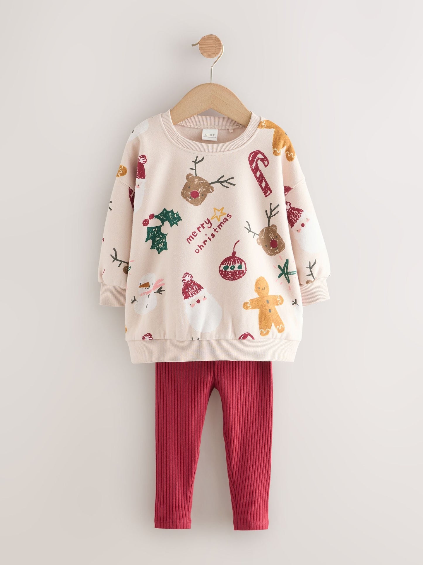 Beige/Red Christmas Print Sweatshirt & Leggings Set (3mths-7yrs)
