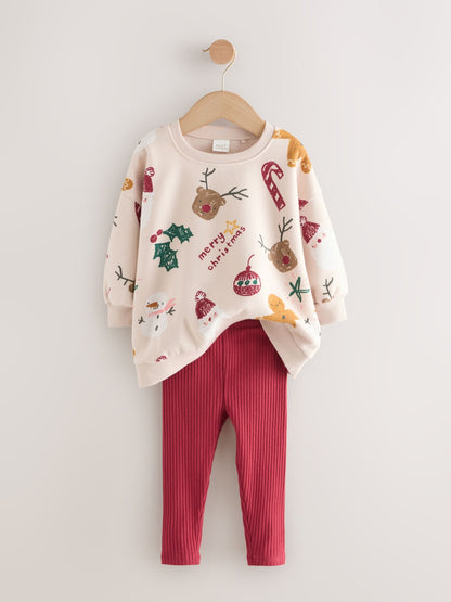 Beige/Red Christmas Print Sweatshirt & Leggings Set (3mths-7yrs)