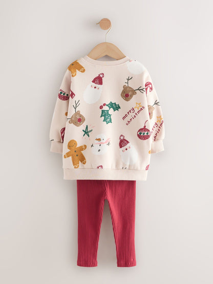 Beige/Red Christmas Print Sweatshirt & Leggings Set (3mths-7yrs)