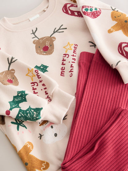Beige/Red Christmas Print Sweatshirt & Leggings Set (3mths-7yrs)
