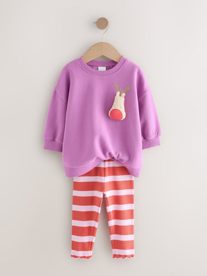 Purple Squeaky Reindeer Christmas Sweatshirt & Leggings Set (3mths-7yrs)