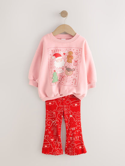 Pink/Red Christmas Sweatshirt and Flare Leggings Set (3mths-7yrs)
