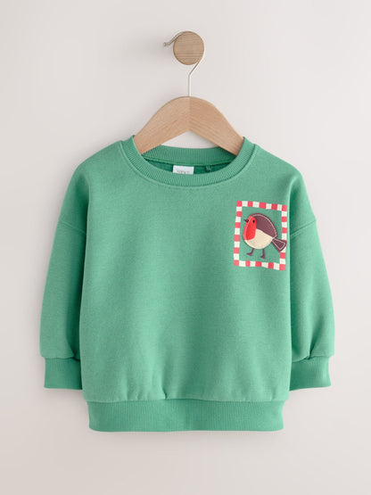 Green Christmas Robin Crew Neck Sweatshirt (3mths-7yrs)