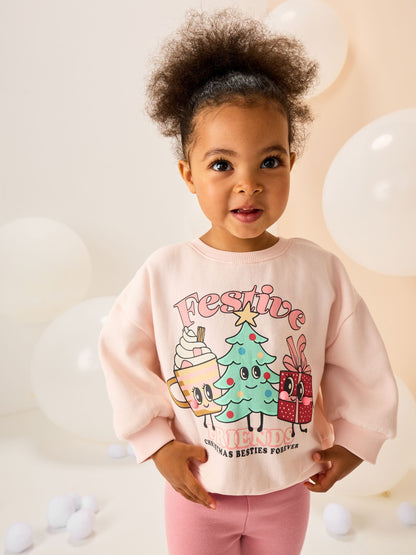Light Pink Festive Friends Christmas Crew Neck Sweatshirt (3mths-7yrs)