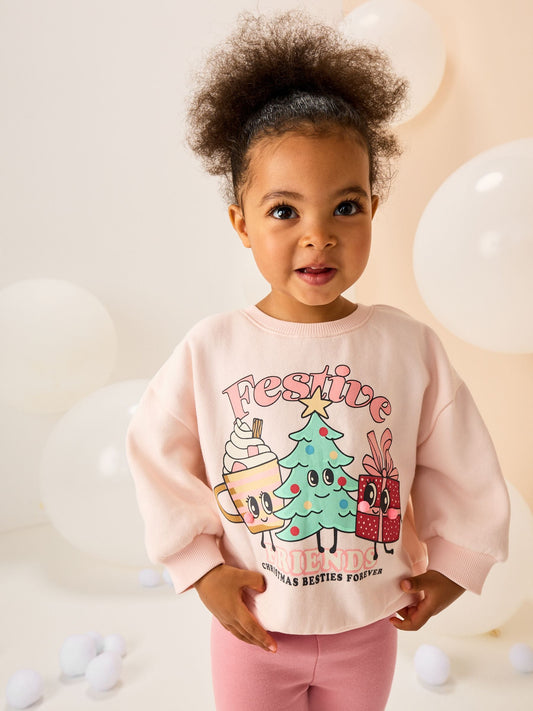 Light Pink Festive Friends Christmas Crew Neck Sweatshirt (3mths-7yrs)