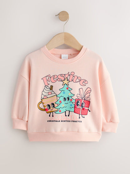 Light Pink Festive Friends Christmas Crew Neck Sweatshirt (3mths-7yrs)